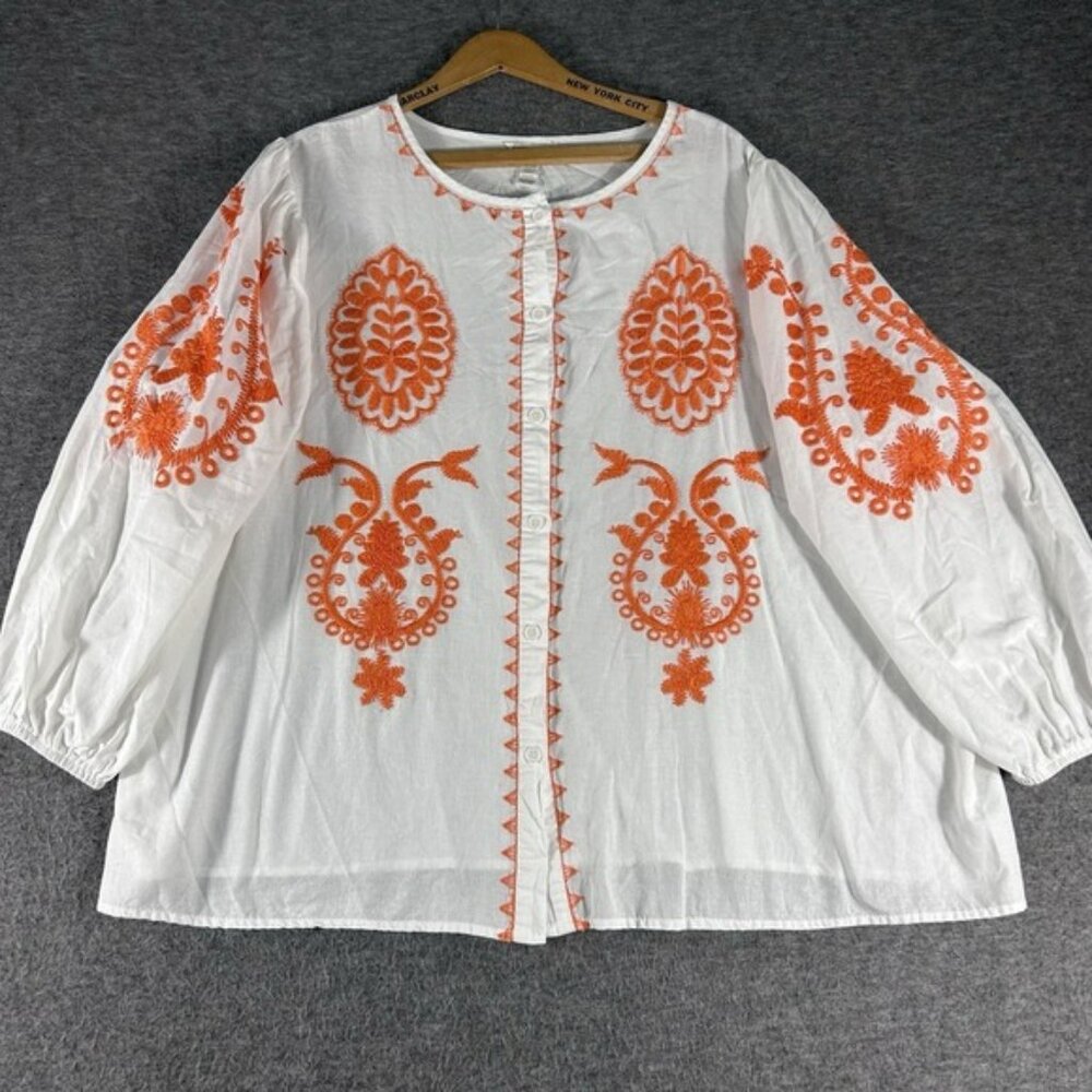 Women's White Embroidered Peasant Blouse Floral Cottagecore Boho Button Up 18/20